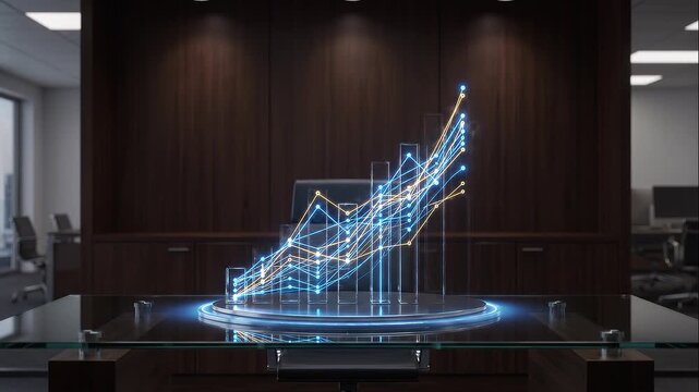 Digital holographic bar chart rising on office desk business data growth visualization motion graphic.