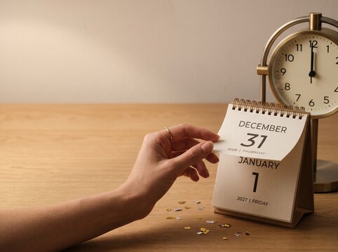 A hand turns the page of a desk calendar from December 31 to January 1, marking the transition into a New Year and a fresh start