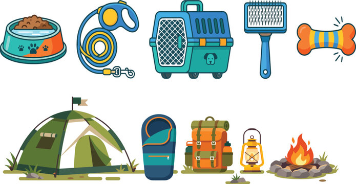 Outdoor Camping and Pet Supplies Flat Vector Illustration Collection Editable EPS