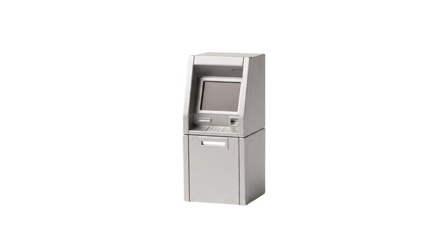 Modern silver ATM cash machine, automated teller machine terminal, banking technology kiosk for financial transactions, electronic payment terminal device isolated PNG with Transparent Background
