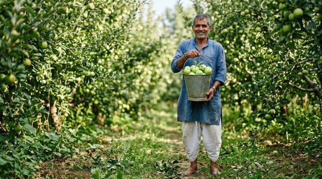 Indian Portrait of a smiling middle-aged farmer holding a metal bucket filled with fresh green apples in a lush orchard during harvest season