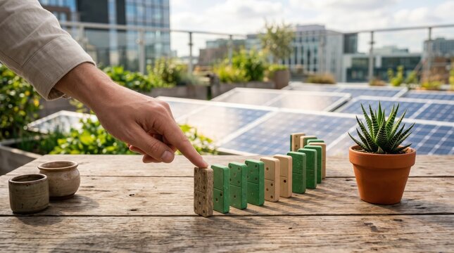 Hand Pushing Green Dominoes on Rooftop with Solar Panels.