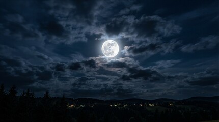 Obraz premium Moon shines brightly through dark, swirling clouds. Distant lights glow softly from a quiet town. Silhouetted trees frame the serene nighttime scene. Dark hills stretch beneath a starry, moonlit sky