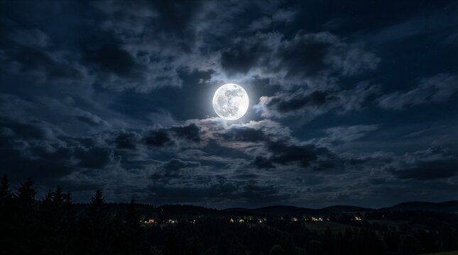 Moon shines brightly through dark, swirling clouds. Distant lights glow softly from a quiet town. Silhouetted trees frame the serene nighttime scene. Dark hills stretch beneath a starry, moonlit sky
