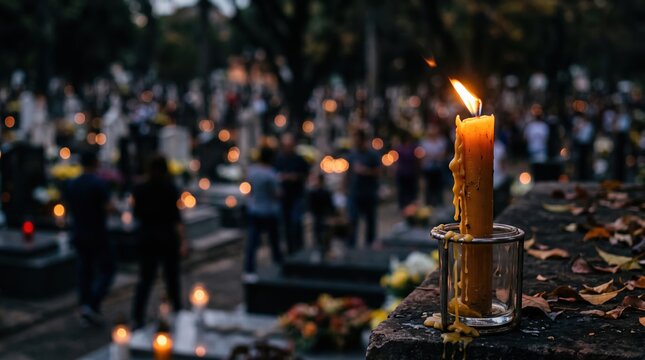 Lit Candle in Cemetery A Night of Remembrance