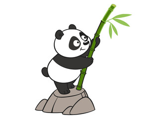Cute cartoon 3D panda climbing a bamboo stalk with leaves, on a rock © SOULIYA PRO