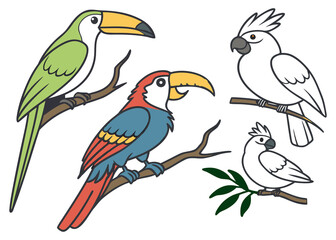 Obraz premium Set of cartoon tropical parrots, toucan and cockatoos sitting on tree branches, vector illustration isolated on white background