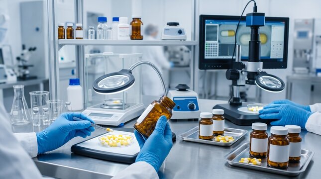 Professional pharmacist working in a modern pharmaceutical laboratory,