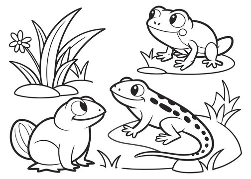 Cute cartoon frog toad and salamander coloring page outline vector illustration of amphibians in nature