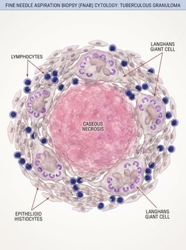 Medical illustration of a tuberculous granuloma showing caseous necrosis and Langhans giant cells