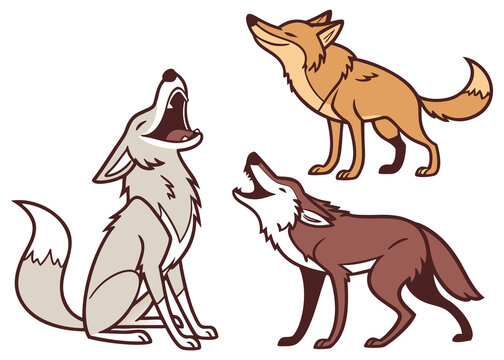Cartoon Coyote and Wolf Pack Howling Vector Illustration Set of Wild Animals
