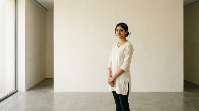 Portrait of a Graceful Young Indian Woman Standing in a Minimalist Modern Interior with Large Copy Space