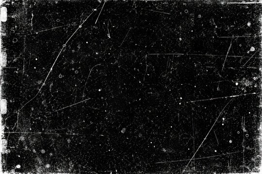 Grunge scratch dust texture on black background, retro film grain overlay for vintage photography effects and distressed visual design