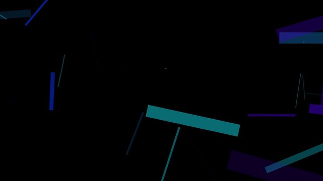 Floating Blue Light Bars, Thin Geometric Streaks and Scattered Particles, Dark Black Space, Minimal Futuristic Technology Motion Background