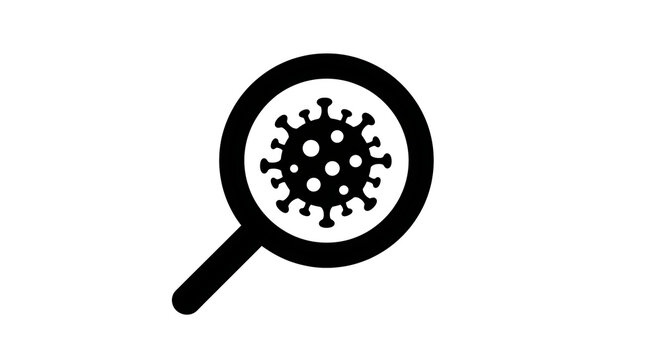 Black virus icon inside a magnifying glass isolated on transparent background