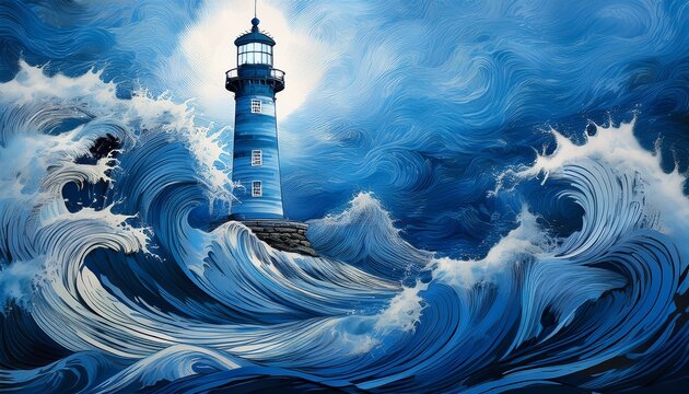 blue lighthouse painting with waves symbolizing guidance and hope in a stormy sea