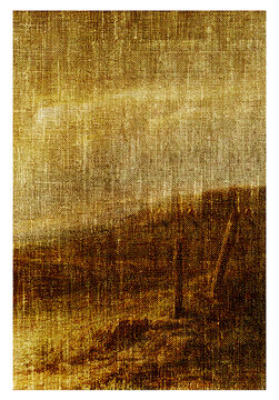 Vintage landscape painting with abstract sky and rural scene