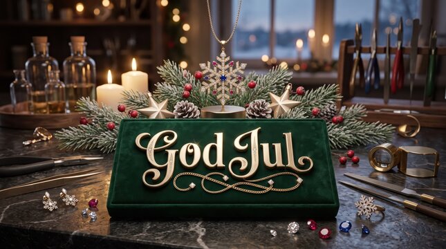 Ultra-realistic Swedish Christmas greeting card featuring luxurious &ldquo;God Jul&rdquo; champagne-gold typography on an emerald velvet jewelry box surrounded by handcrafted gold ornaments, gemstones and sophist
