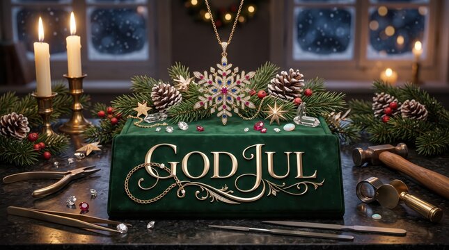 Ultra-realistic Swedish Christmas greeting card featuring luxurious &ldquo;God Jul&rdquo; champagne-gold typography on an emerald velvet jewelry box surrounded by handcrafted gold ornaments, gemstones and sophist