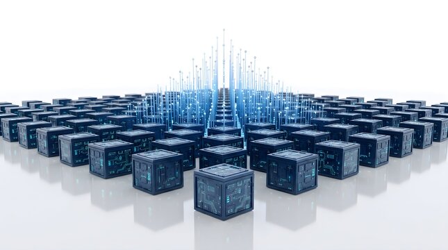 Digital data cubes forming abstract structure with light lines.