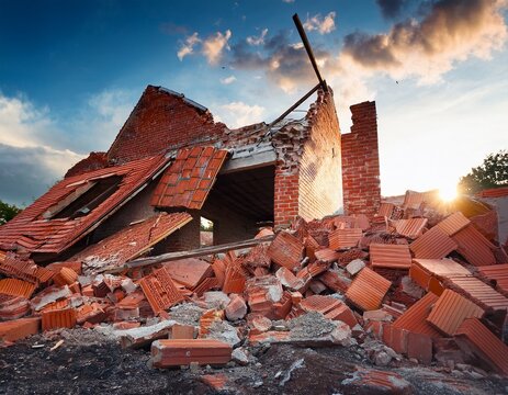 dramatic scene of house damage with fallen bricks and exposed structure after severe weather or earthquake disaster event