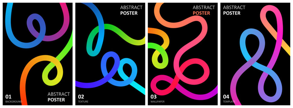 Vibrant Abstract Looped Line Art Collection With Colorful Intertwined Curves On Black Background For Modern Poster Wallpaper Creative Graphic Design