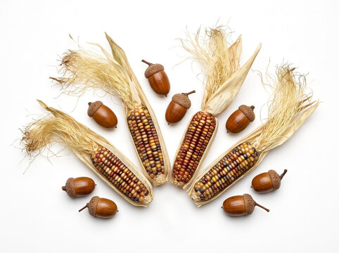 Flat lay arrangement of colorful flint corn cobs and brown acorns isolated on a clean white background.