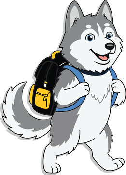 Simple vector illustration of A friendly illustrated husky dog character carrying a school backpack, vector isolated on white