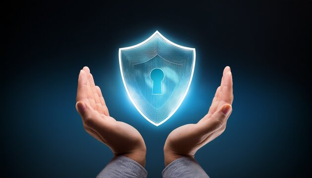hands protecting an illuminated shield symbol signifying protection and security in business