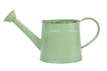 Charming vintage light green metal watering can with a long spout and handle, isolated on a clean white background © Chinases