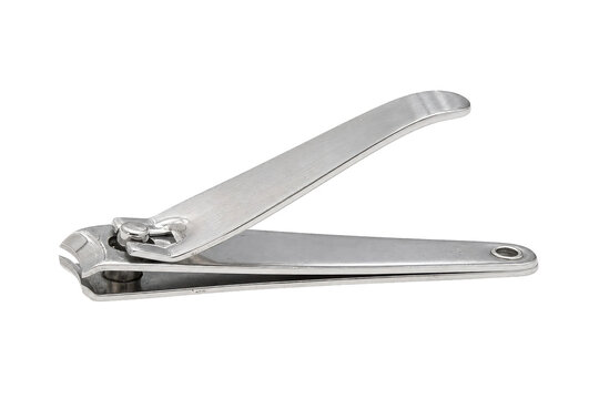 Shiny silver metal nail clipper with a textured handle is positioned on a clean white background