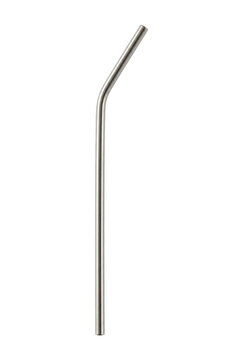 Single shiny metallic reusable drinking straw with a gentle bend, isolated on a clean white background, promoting eco-friendly choices