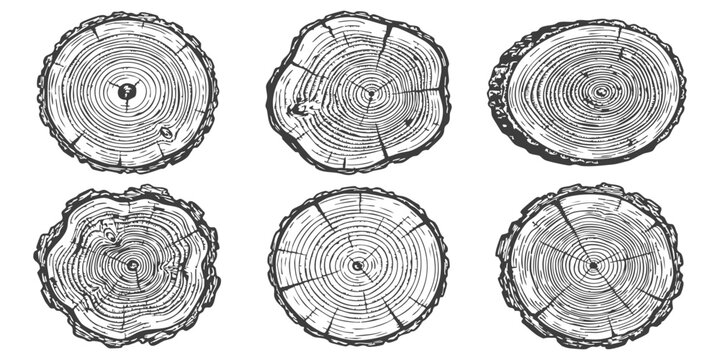 Set of six hand drawn tree ring cross section illustrations showing wood texture grain and round log slices