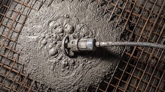 Vibrating Wet Concrete on Steel Reinforcement Mesh