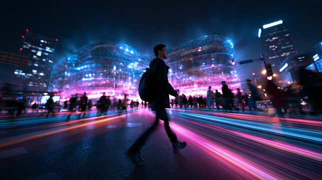 Man Commuting in Futuristic Smart City at Night