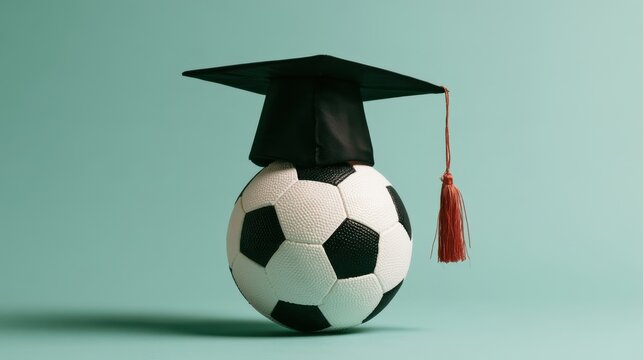 Graduation cap placed on classic black and white soccer ball symbolizing education achievement in sports concept with soft green background