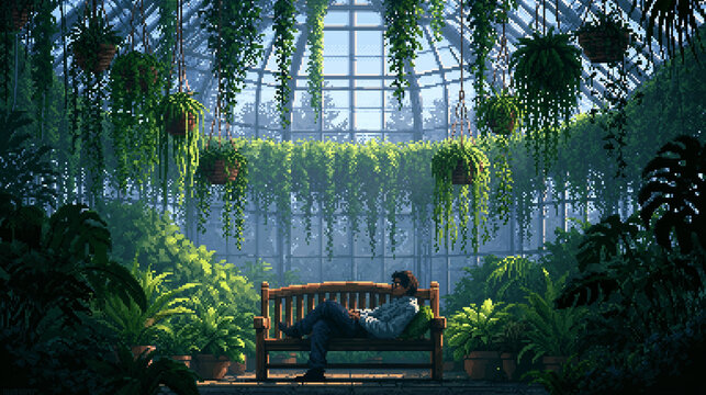 Man Relaxing on Wooden Bench Inside Lush Botanical Greenhouse