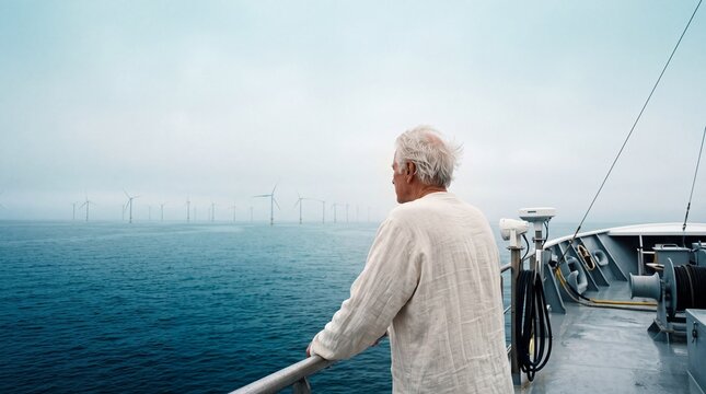 Senior Man on Boat Looking at Offshore Wind Turbines