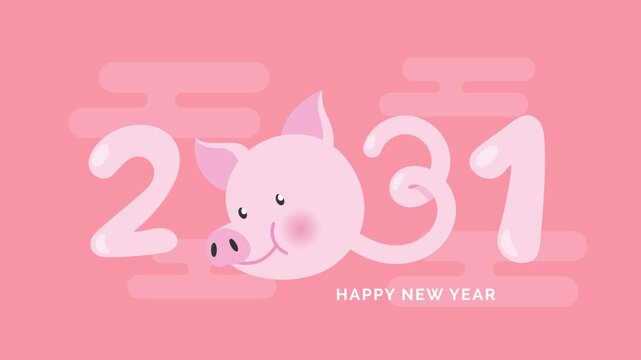 Happy New Year 2031 2d cartoon animation with cute zodiac pig forming the numbers.