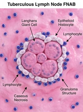 Medical illustration of tuberculous lymph node granuloma with caseous necrosis