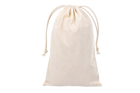 Simple empty beige cotton drawstring pouch with a textured surface, isolated on a clean white background