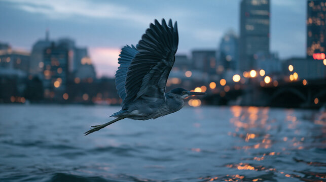 Heron Flying Low Over City River at Dusk
