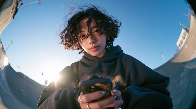 Young Asian Woman Holding Smartphone at Skatepark