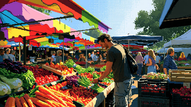 Man Shopping for Fresh Produce at Farmers Market Pixel Art