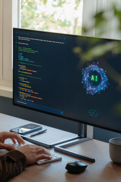 Coder hands typing on keyboard, using AI assistant to write programing code on computer at desk, boosting productivity and automation with artificial intelligence agents and AI chatbots. Copy space
