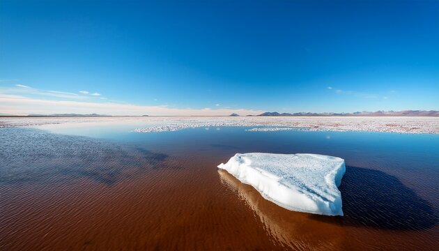 large ice floe floating in calm waters under clear blue sky near a brownish salt flat at midday with reflections visible on the surface