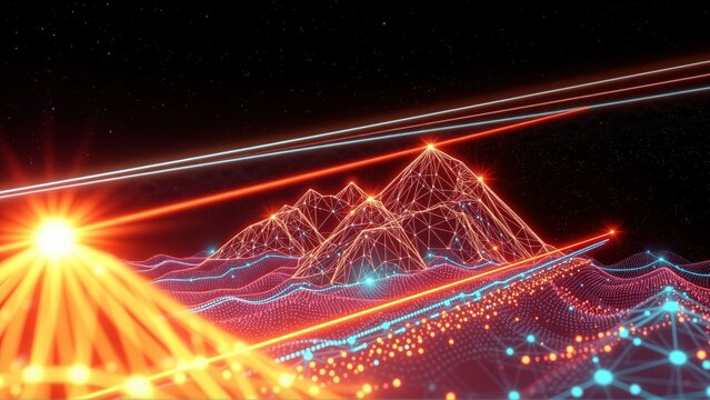 Futuristic landscape. Mountains formed from glowing lines, vibrant colors, dark background. Digital art, abstract design, energy radiates.