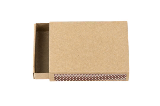 Open, empty, light brown cardboard matchbox with a striker strip on the side, isolated on a white background