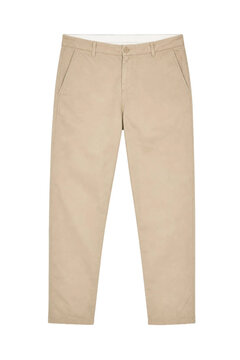 Classic beige men's casual chino pants, neatly folded and presented flat on a clean white background, showcasing the fabric texture and stitching details
