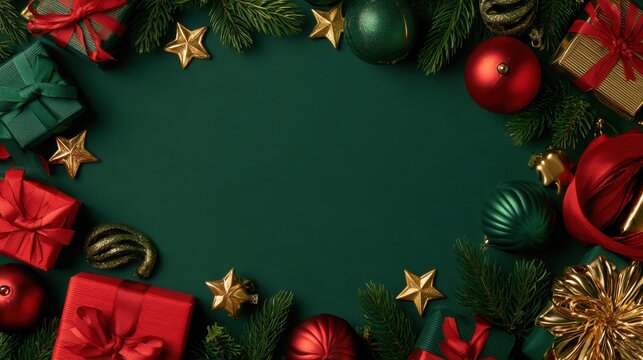 Festive holiday frame with green pine branches, red and green decoration balls, golden stars, and wrapped gift boxes on dark green background